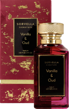 Woda perfumowana Sorvella Signature Vanilla & Oud w bordowej butelce ze złotą nakrętką, widok z przodu z pudełkiem.