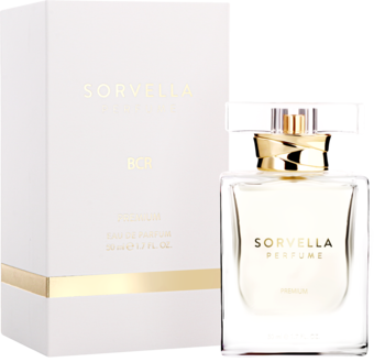 Perfumy Sorvella BCR Eau de Parfum 50 ml w białym pudełku i szklanej butelce ze złotym korkiem, ujęcie przodem.