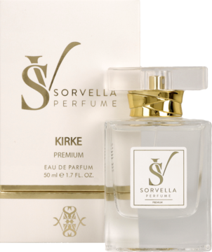 Sorvella Perfume Kirke, flakon z przezroczystego szkła ze złotym korkiem obok białego pudełka zapachu.