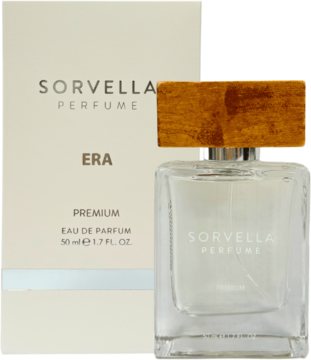 Sorvella Perfume ERA, orientalno-owocowy zapach unisex, butelka z drewnianą nakrętką i białe pudełko, widok z przodu.