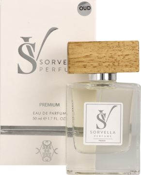 Butelka perfum Sorvella OUD 50 ml z drewnianą nakładką, widok z przodu, na tle białego opakowania.