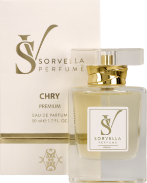 Orientalno-wiśniowe perfumy Sorvella CHRY, przezroczysta butelka ze złotą nakrętką i białe pudełko. Widok z przodu.
