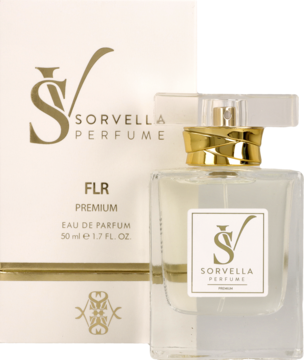 Sorvella Perfume FLR, elegancka butelka EDP z złotą nakrętką i białym kartonikiem, widok z przodu. Kwiatowy zapach.