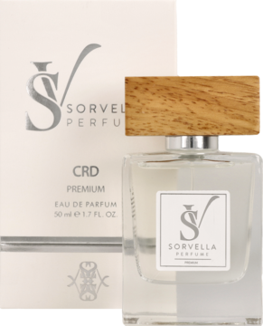 Biały kartonik i szklana butelka Sorvella Perfume CRD Premium 50 ml z drewnianym korkiem, widok z przodu.