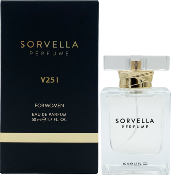 Sorvella V251, perfumy dla kobiet, z czarnym pudełkiem i elegancką szklaną butelką ze złotym korkiem.