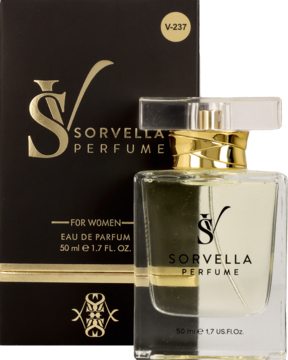 Damska woda perfumowana Sorvella 50ml. Szklana butelka ze złotym korkiem i czarno-złote opakowanie produktu, widok z przodu.