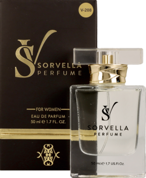 Sorvella Perfume dla kobiet w eleganckim brązowo-złotym pudełku i szklanej butelce 50ml, widok z przodu.