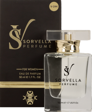 Sorvella Perfume dla kobiet 50ml, butelka z złotą nakrętką i logo Sv na etykiecie, przed czarnym pudełkiem.