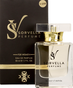 Przezroczysty flakon perfum Sorvella V-238 z złotym korkiem i czarne pudełko. Widok z przodu, złote logo. Pojemność 50ml.