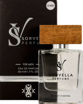 Sorvella Perfume for Men EDP 50ml, clear bottle with silver cap beside black branded box, front view.