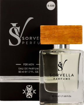 Sorvella S530 męska woda perfumowana 50ml, butelka z drewnianą nakrętką przed czarnym pudełkiem z logo.