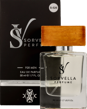 Męska woda perfumowana Sorvella w czarnym pudełku i szklanej butelce z drewnianą nakrętką, widok z przodu.