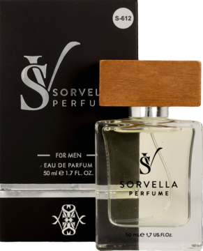 SORVELLA Perfume For Men, drzewno-korzenny zapach 50ml, w butelce z drewnianą nakrętką i czarnym pudełkiem.