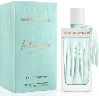 Women'Secret Intimate Daydream Eau de Parfum, miętowo-zielona butelka z fasetami i pudełko, widok z przodu pod kątem.