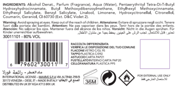 Tył etykiety perfum Furla Magnifica, z listą składników, ostrzeżeniami i kodem kreskowym na jasnym tle.