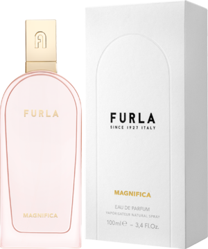 Eleganckie perfumy damskie Furla Magnifica, różowy flakon, białe pudełko z napisem, widok z przodu.