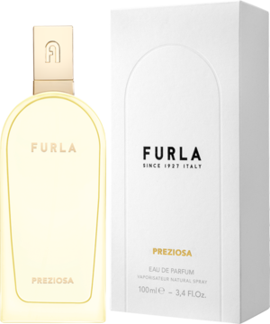 Woda perfumowana Furla Preziosa 100ml: złota butelka z logo i białe pudełko, widok z przodu.