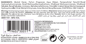 Furla Favolosa woda perfumowana, zbliżenie na tył opakowania z białą etykietą, fioletową ramką, składem i kodem.