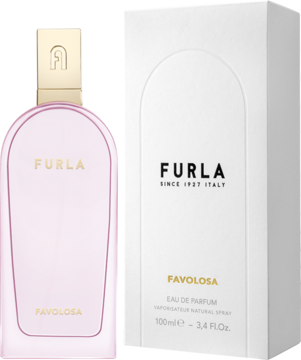 Woda perfumowana Furla Favolosa: różowa butelka ze złotą nakrętką i białe opakowanie 100ml, widok przodem.