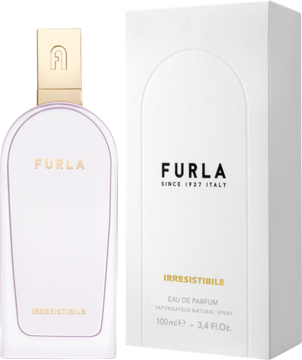 Furla Irresistibile: damska woda perfumowana w eleganckiej fioletowej butelce i białym kartoniku, widok z przodu.