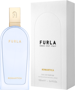 Błękitny flakon perfum Furla Romantica Eau de Parfum 100ml ze złotą nakrętką i białe pudełko, widok z przodu.