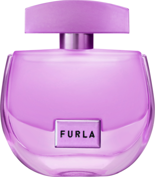 Okrągły fioletowy flakon perfum Furla Mistica EDP z przezroczystego szkła, srebrna etykieta Furla, widok z przodu.