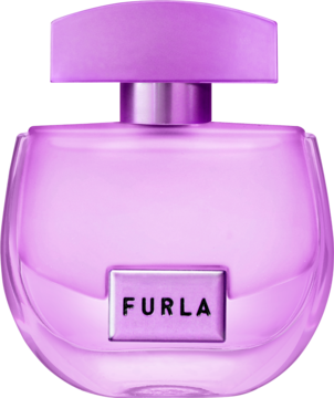 Furla Mistica, fioletowa woda perfumowana w okrągłej butelce z matową zakrętką, srebrne logo.
