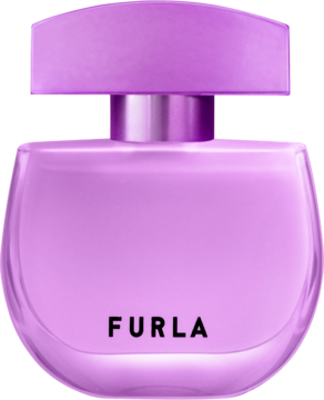 Furla Mistica woda perfumowana, lawendowa, zaokrąglona butelka z czarnym napisem Furla, widok z przodu.
