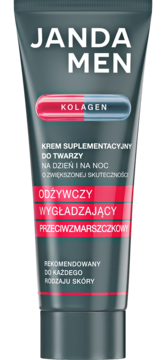 JANDA MEN krem do twarzy z kolagenem, w ciemnej tubce, odżywczy, wygładzający, przeciwzmarszczkowy. Widok z przodu.
