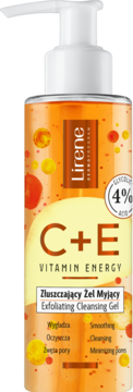 Lirene C+E złuszczający żel do twarzy z 4% kwasem glikolowym, pomarańczowa butelka z pompką, widok z przodu.