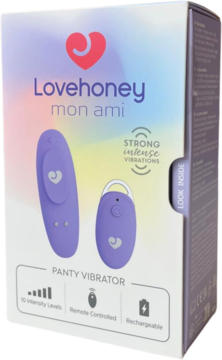 Lovehoney mon ami panty wibrator, liliowy, w białym pudełku z pilotem, widok z przodu opakowania.