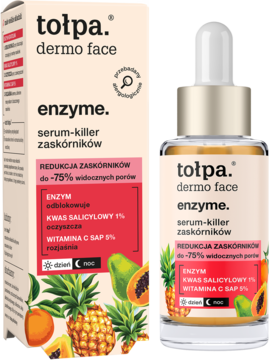Tołpa dermo face enzyme serum-killer zaskórników w pudełku i butelce z pipetą, z grafiką owoców.