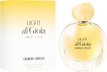 Light di Gioia Giorgio Armani eau de parfum: okrągła, bursztynowa butelka i białe pudełko z żółtym gradientem.