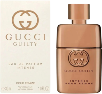 Gucci Guilty Intense Eau de Parfum: beżowo-białe pudełko i brązowo-złoty flakon, widok z przodu.