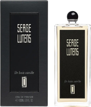 Serge Lutens Un Bois Vanille EDP, czarne pudełko i szklana butelka z czarną etykietą, widok z przodu.