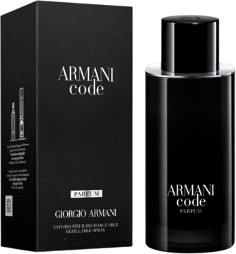 Czarny flakon perfum męskich Armani Code Parfum obok pasującego pudełka, widok z przodu na ciemnym tle.