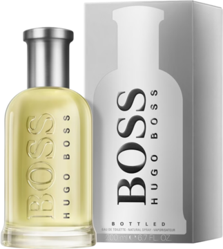 Hugo Boss Bottled, żółta butelka perfum z srebrną nakrętką i białe pudełko, widok produktu i opakowania.