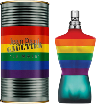 Jean Paul Gaultier Le Male Pride: tęczowy flakon-tors i pasująca cylindryczna puszka, widok z przodu.