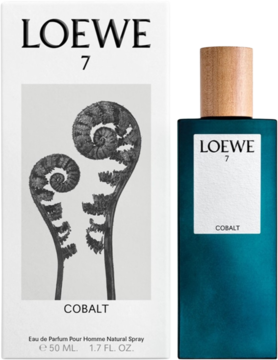 Loewe 7 Cobalt męskie perfumy, białe pudełko z paprocią i tealowy flakon z drewnianym korkiem, widok z przodu.
