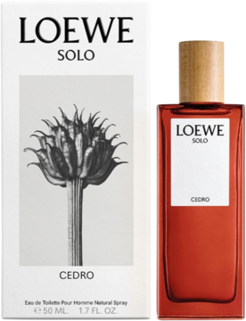 Loewe Solo Cedro woda toaletowa: czerwona butelka z białym napisem i drewnianym korkiem, obok białe pudełko z grafiką cedru.