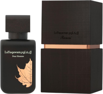 Perfumy La Yuqawam Pour Homme: czarny matowy flakon ze złotym liściem i eleganckie pudełko, widok z przodu.