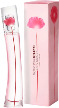 Flakon Flower by Kenzo Poppy Bouquet EDT o zakrzywionym kształcie z różowym płynem i makowym korkiem obok jasnoróżowego pudełka.