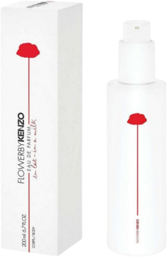 Białe mleczko do ciała Flower by Kenzo z dozownikiem i pudełkiem, ozdobione charakterystycznym czerwonym makiem.