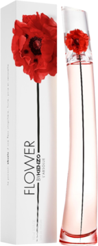 Kenzo Flower L'Absolue, elegancka woda perfumowana. Białe pudełko z dużym czerwonym makiem, obok flakon z różowym płynem i małym makiem.