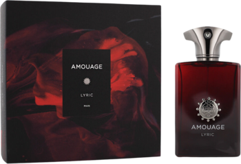 Amouage Lyric Man: ciemnoczerwony flakon perfum ze srebrnym korkiem i pudełko, widok z przodu.