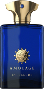 Amouage Interlude, męskie perfumy w ciemnoniebieskiej butelce z bogato zdobioną złotą nakrętką, widok z przodu.