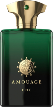 Amouage Epic perfumy w butelce z ciemnozielonego szkła, złotą nakrętką i ozdobnym emblematem, widok z przodu.