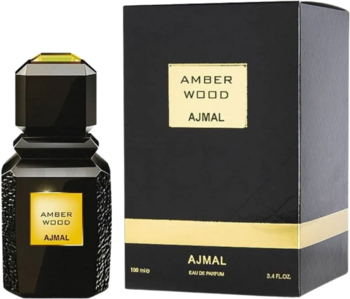 Perfumy unisex Ajmal Amber Wood: ciemna butelka ze złotą etykietą i czarne pudełko, widok z przodu.