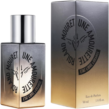 Une Amourette Roland Mouret woda perfumowana. Metaliczna butelka i pudełko z gradientem, widok z przodu.