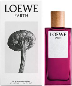 Loewe Earth woda perfumowana unisex z nutą trufli: frontowe ujęcie białego pudełka i purpurowej butelki.